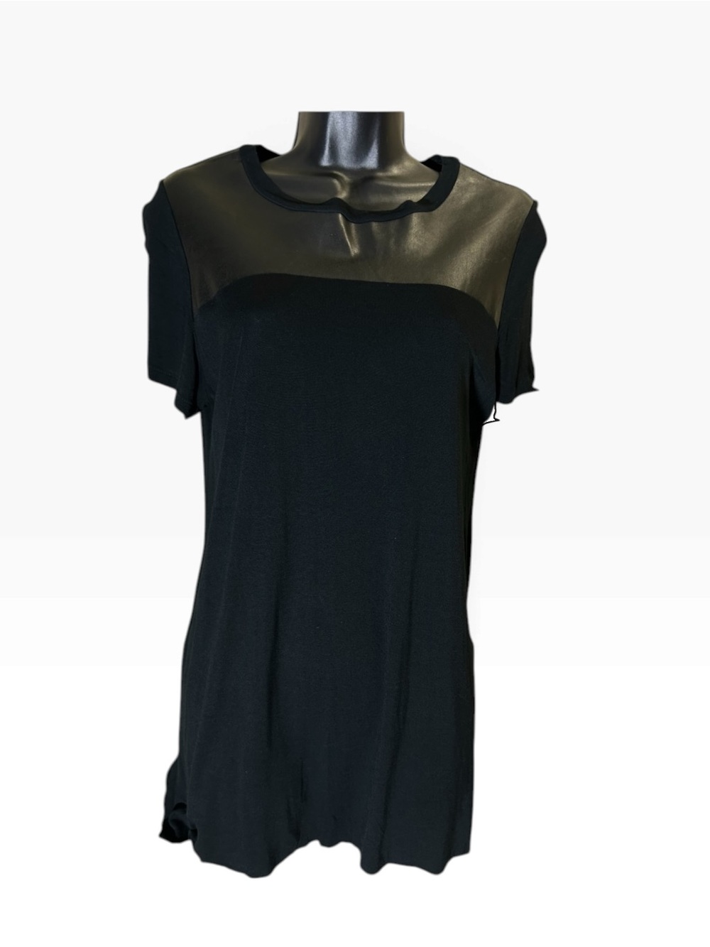 Wilfred Black Short Sleeve Top with Faux Leather Yoke & side slits